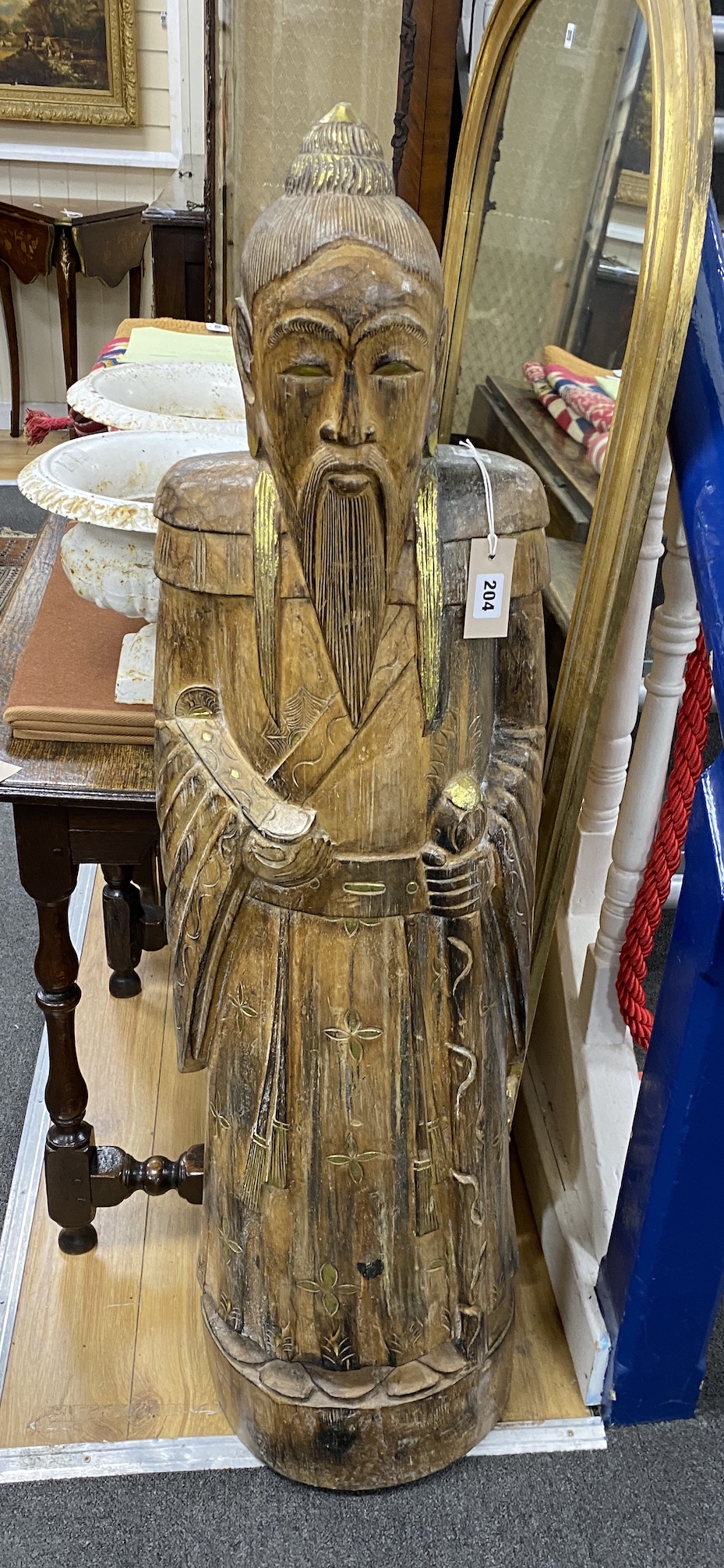 A large Chinese carved wood sage, height 120cm